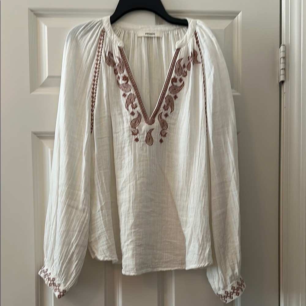 Promod Embroidered paisley V cut Blouse with Long Sleeves in cotton gauze